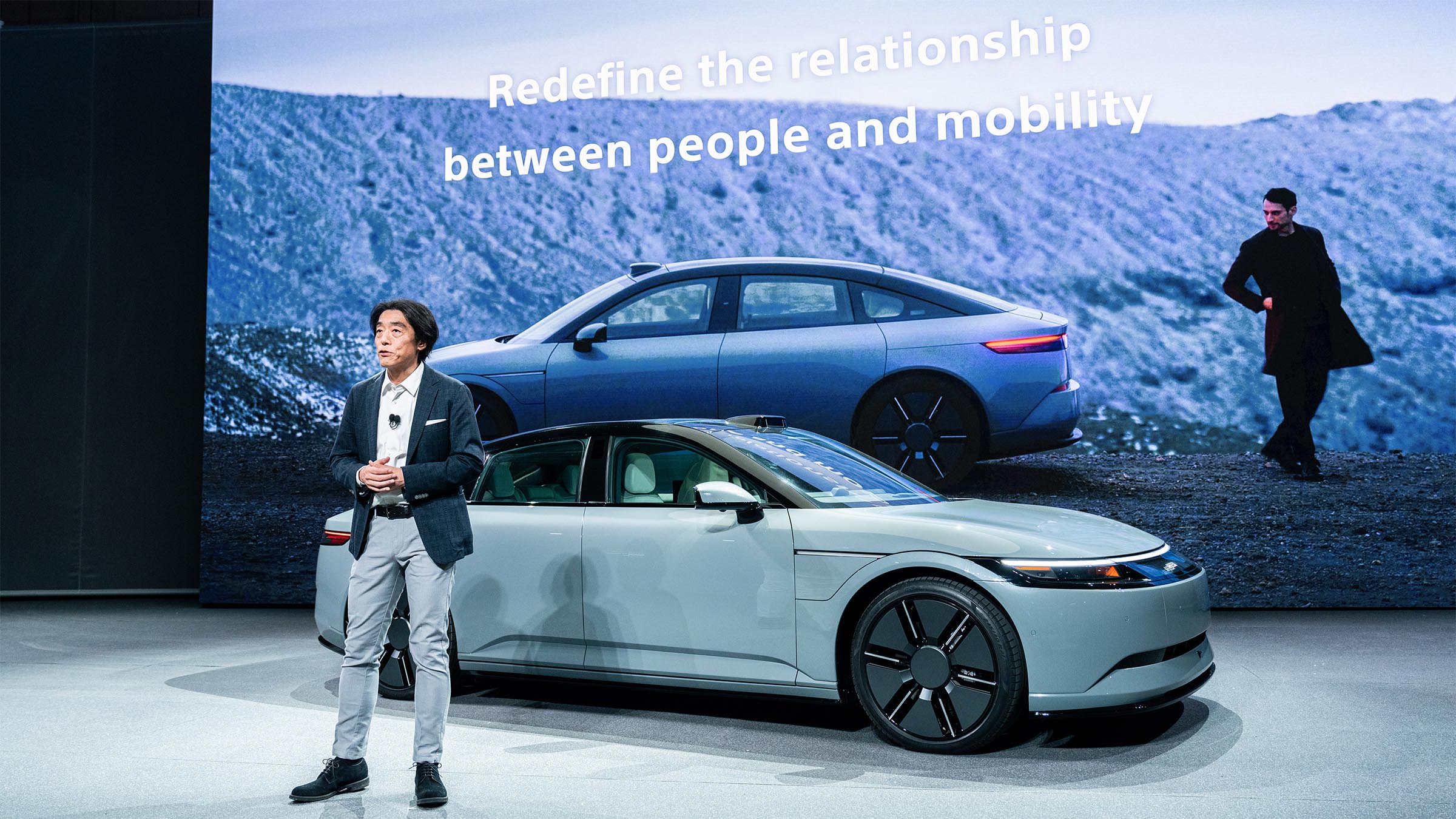 Sony Pres. Izumi Kawanishi with Afeela sedan at CES 2024